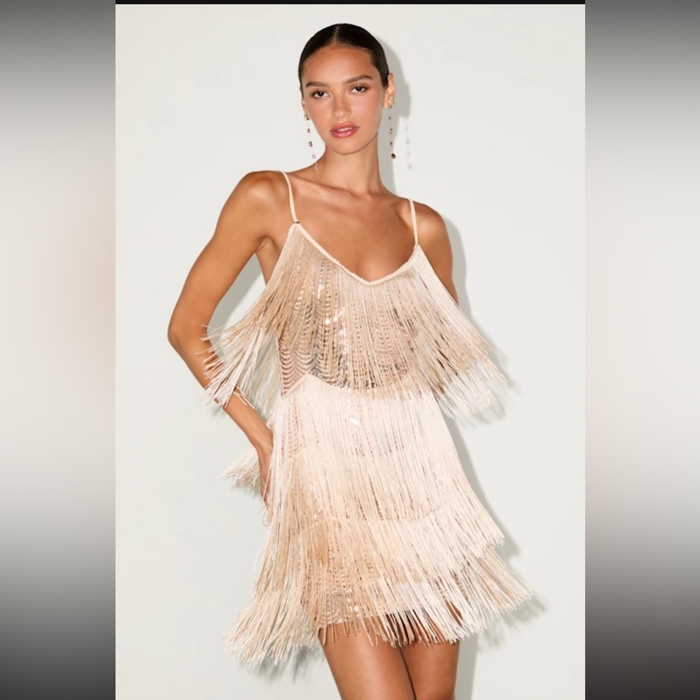 Lulus NWT Champagne Fringe Sequin Slip Dress